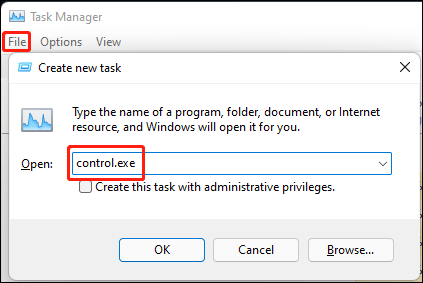 use Task Manager to open Control Panel