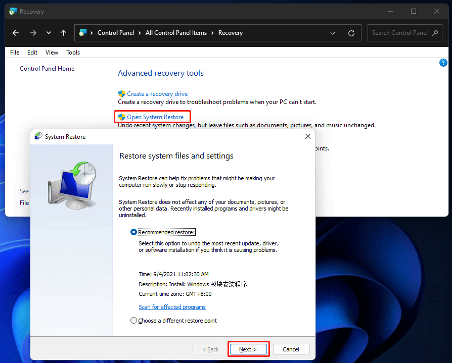 select your needed system restore point to restore