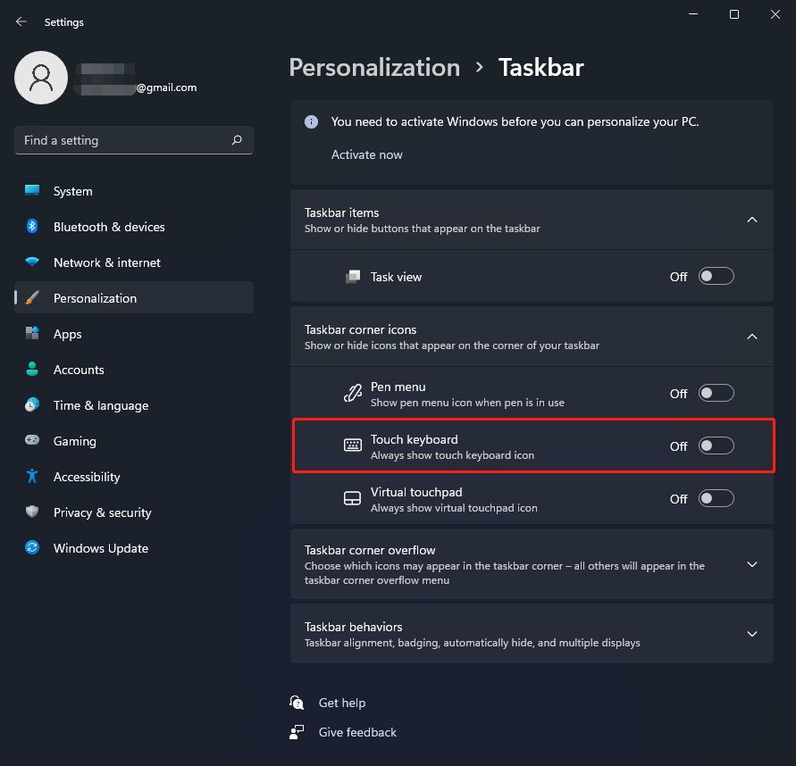 enable touch keyboard in Windows Settings