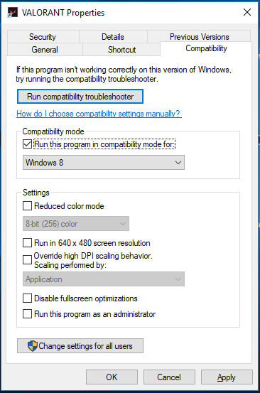 run Valorant in compatibility mode