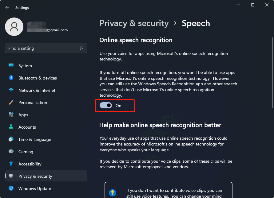 turn on online speech recognition