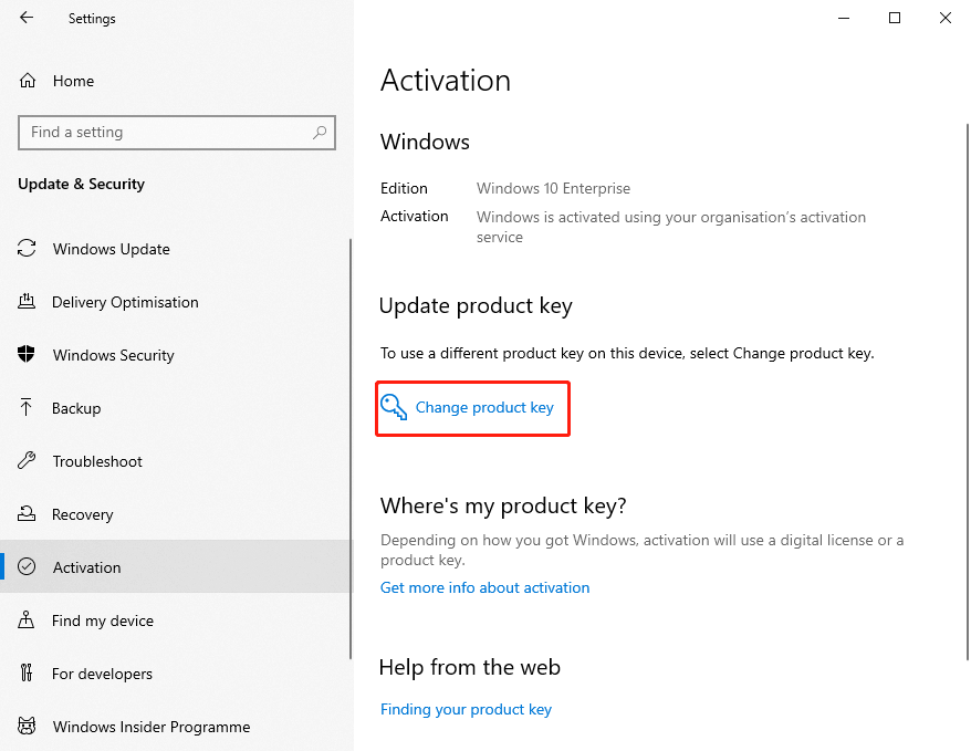 click the Change product key link