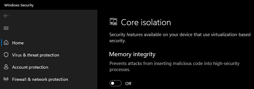 turn off Memory Integrity