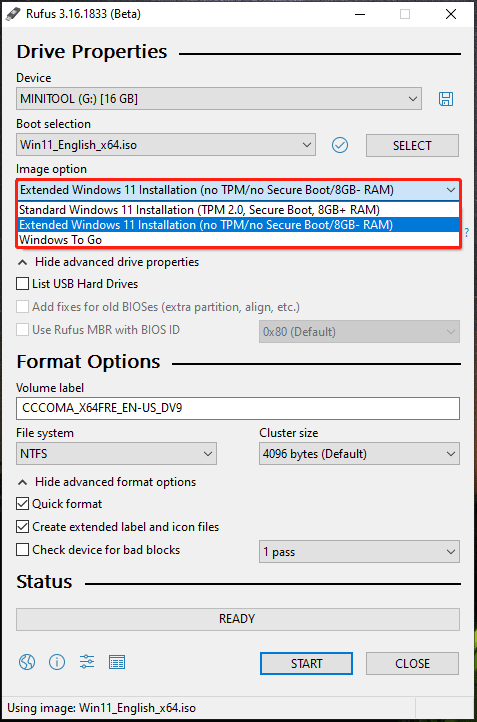 Rufus create a bootable USB drive without system requirements