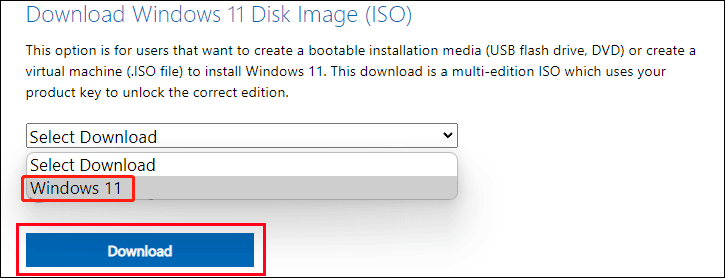 select Windows 11 to download