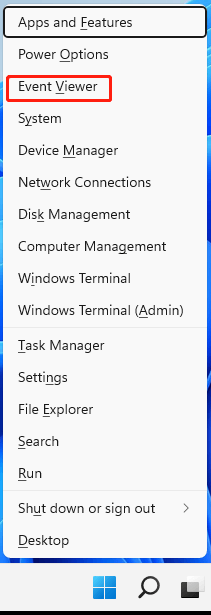 start Windows 11 Event Viewer by Quick Link menu