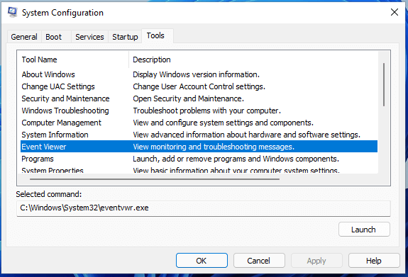 open Windows 11 Event Viewer using System Configuration