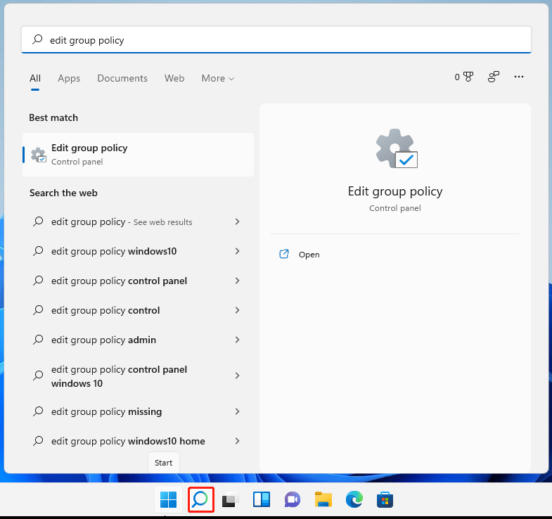 Open Windows 11 Group Policy Editor via Windows Search