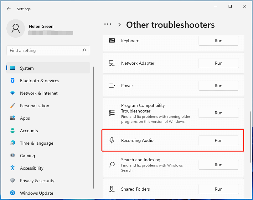 run recording audio troubleshooter in Windows 11