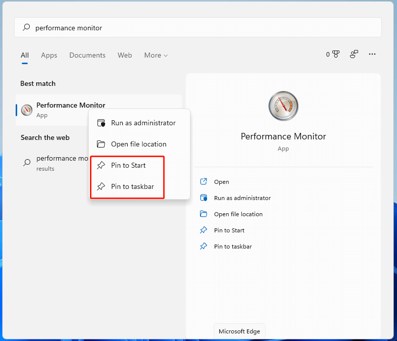 Pin Windows 11 Performance Monitor to Start/Taskbar