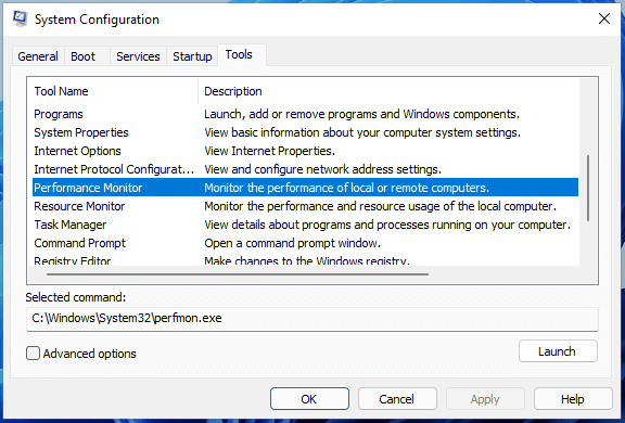 Reach Windows 11 Performance Monitor by System Configuration
