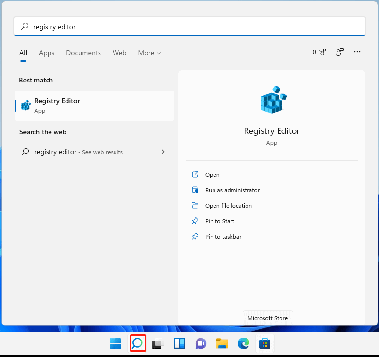 open Windows 11 Registry Editor in Search
