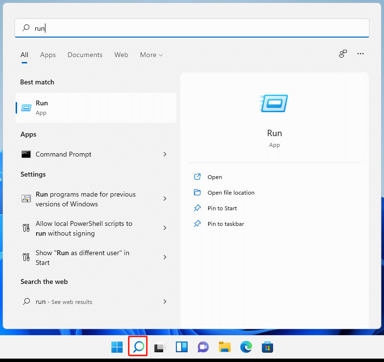 launch Windows 11 Run command by Search