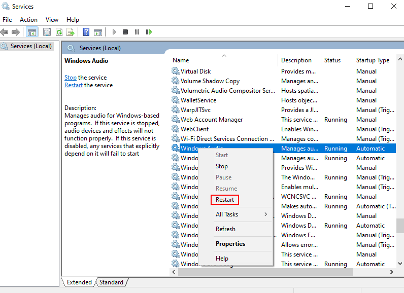 Restart audio services