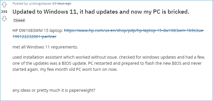PC is bricked after updating to Windows 11