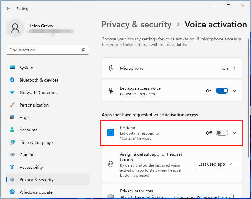 turn off Cortana voice activation in Windows 11 Settings