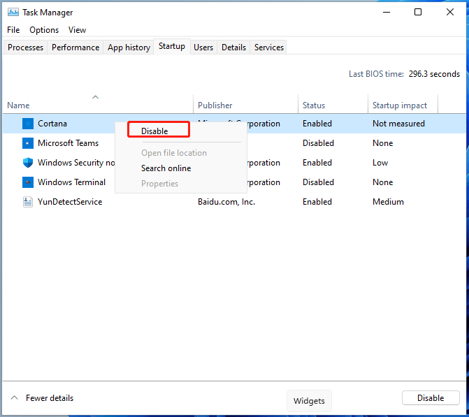 disable Cortana in Windows 11 Task Manager
