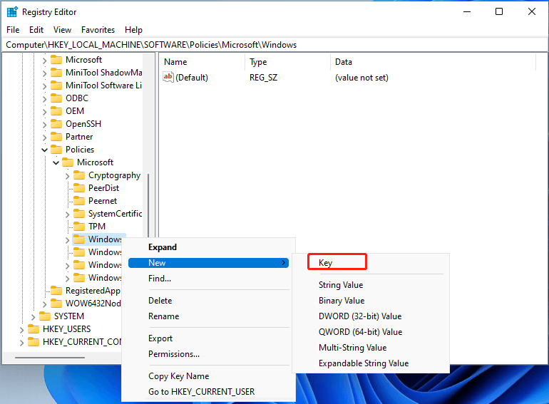 Windows 11 Registry Editor create new key