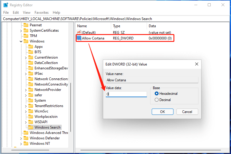set Allow Cortana file value to 0 in Windows 11 Registry Editor
