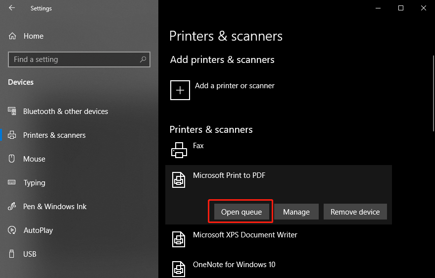view print queue on Windows 10