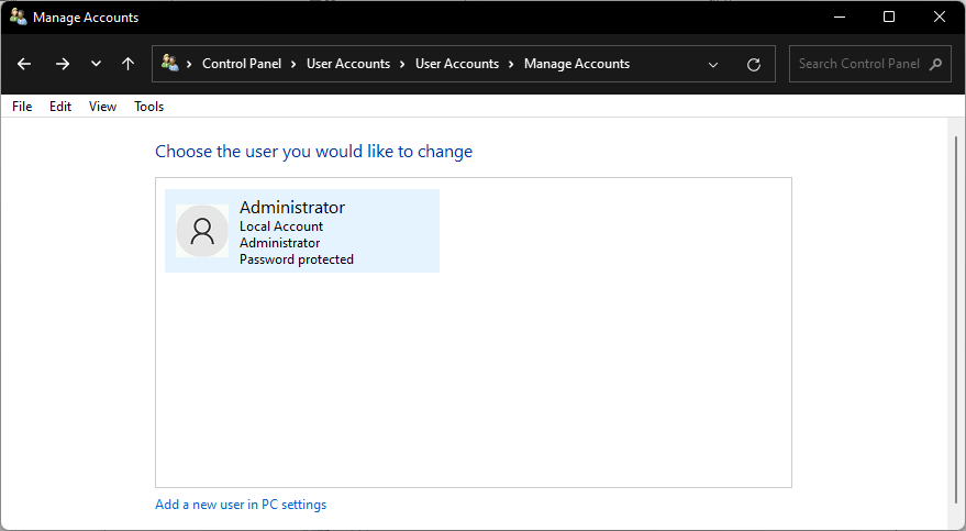 select your user account