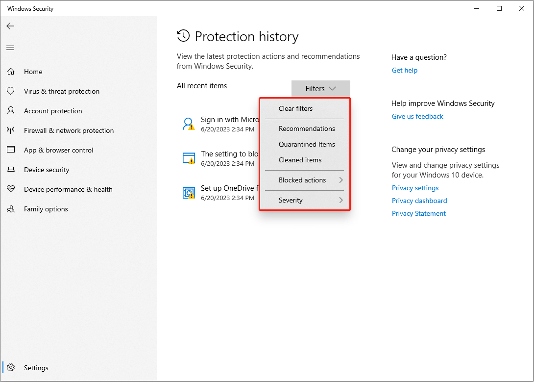 Protection history function