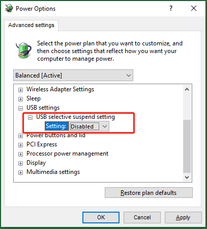 disable USB selective suspend setting