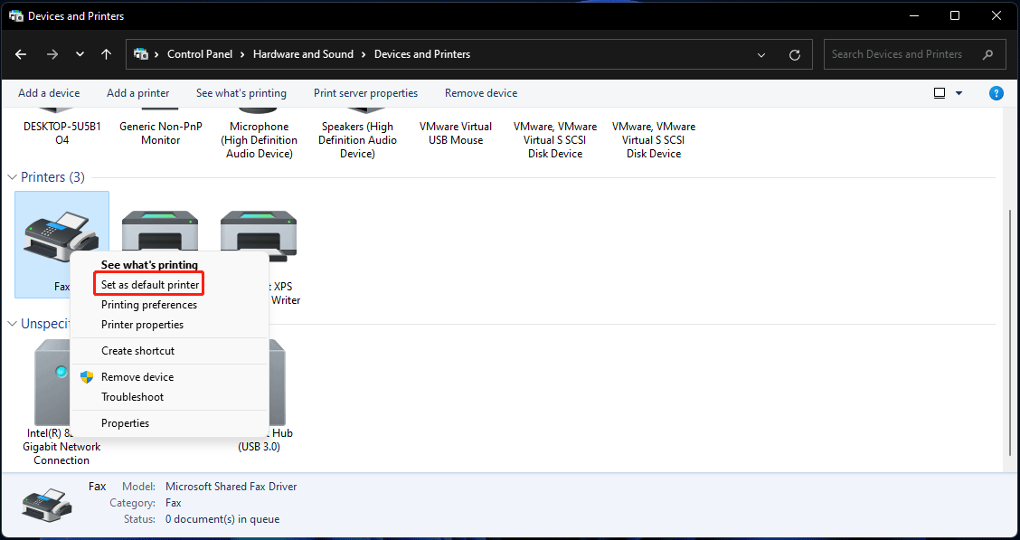 set default printer in Control Panel