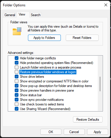 restore previous folder windows at logon