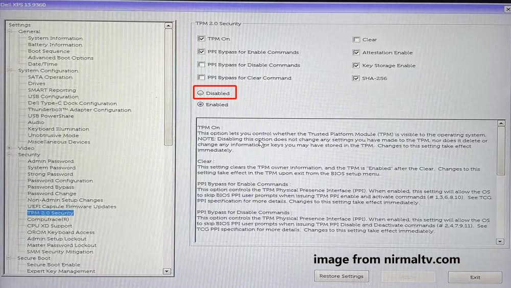 disable TPM BIOS Dell