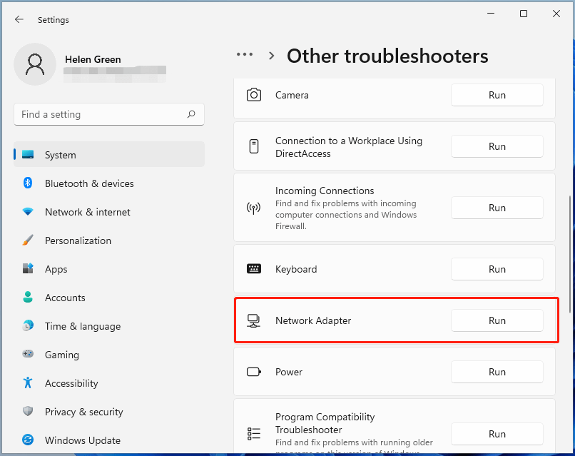 troubleshoot Windows 11 network adapter
