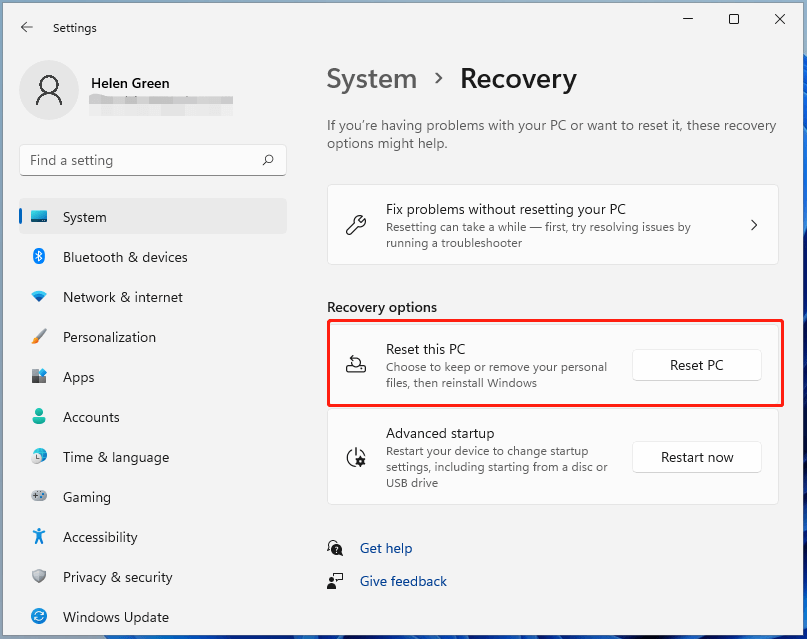 reset Windows 11