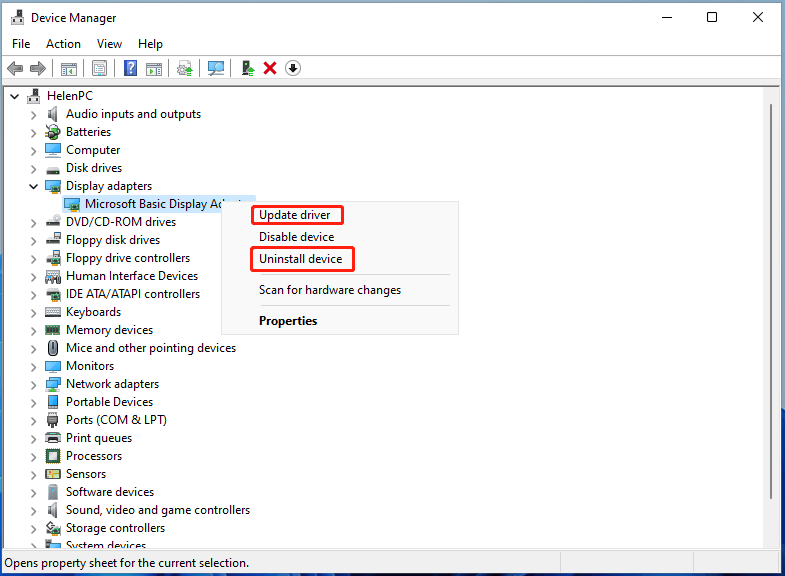 update/uninstall display adapter driver