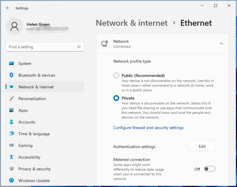 set Windows 11 Ethernet profile to private