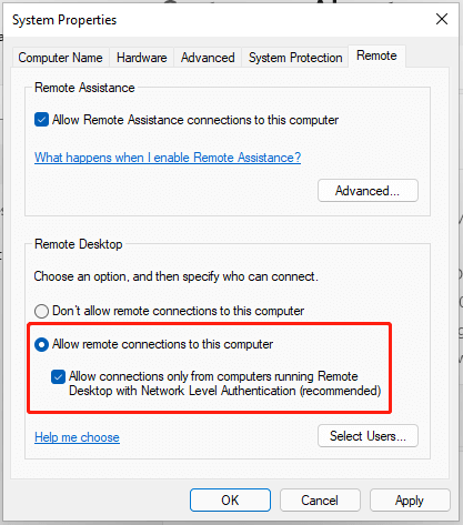 allow remote connections to this computer