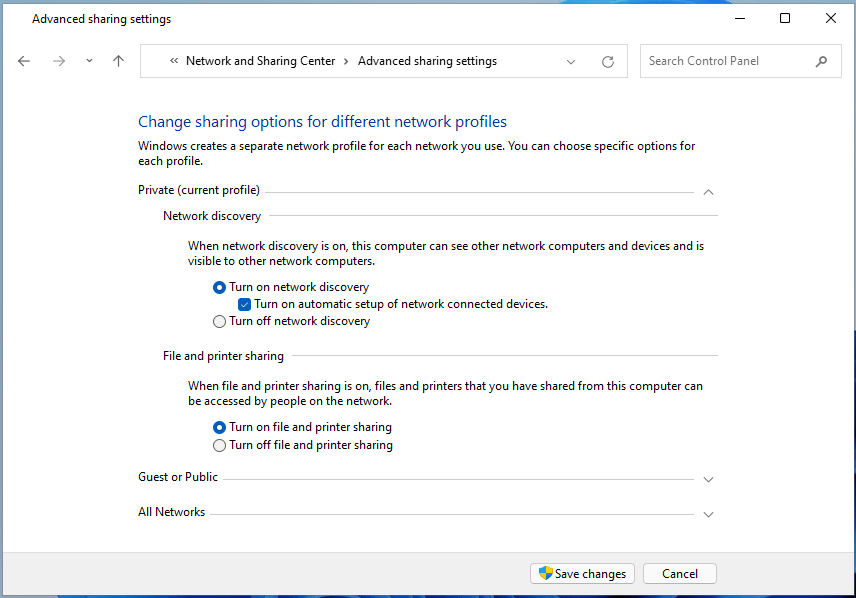 turn on network discovery and file and printer sharing