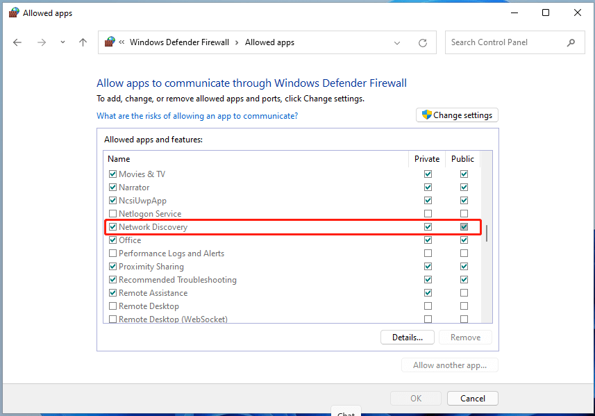 allow network discovery through Windows Defender Firewall