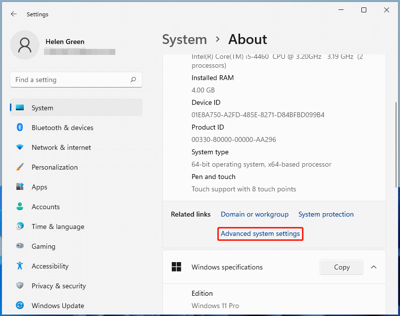 choose advanced system settings