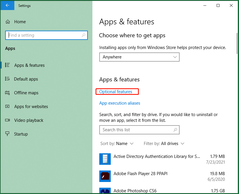 select optional features under apps & features 