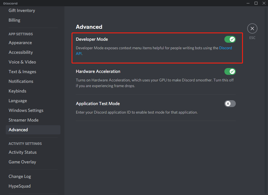 enable Discord developer mode