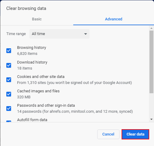 Clear browsing data Chrome