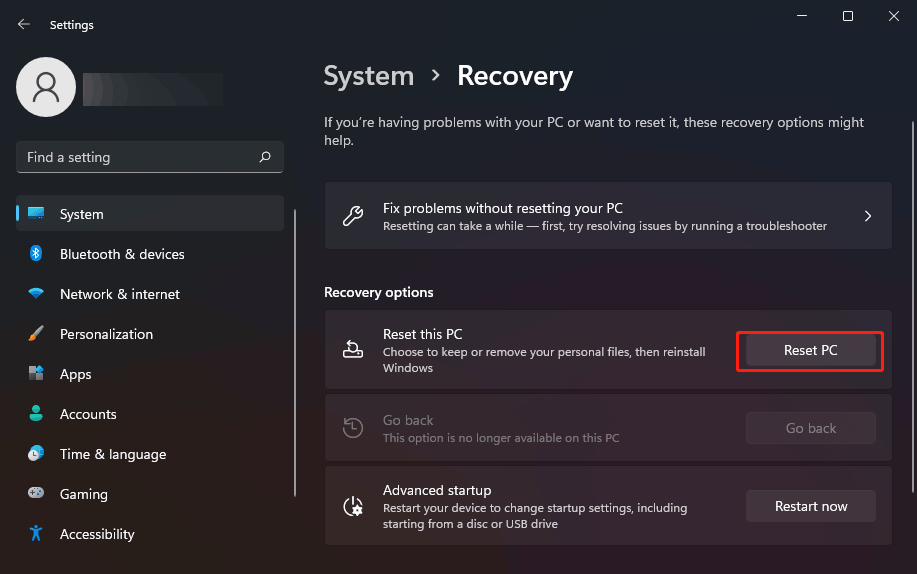 click Reset PC