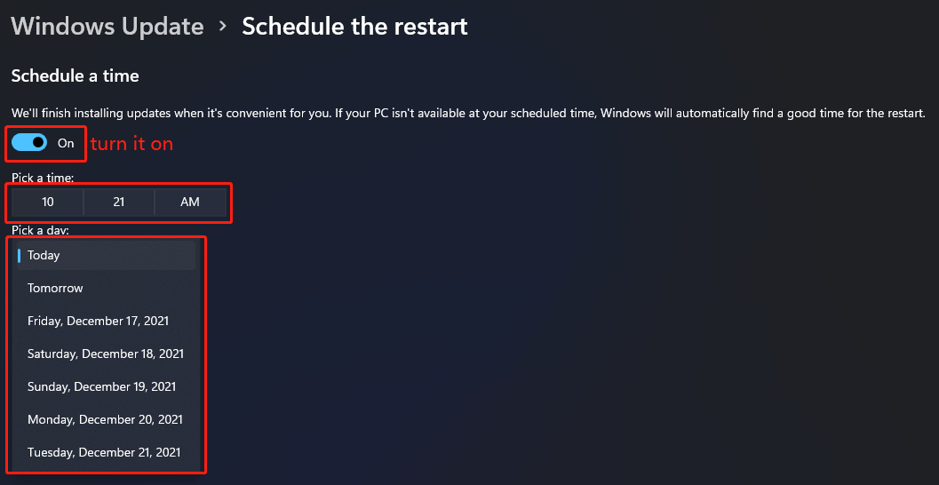 schedule a time for Windows 11 update