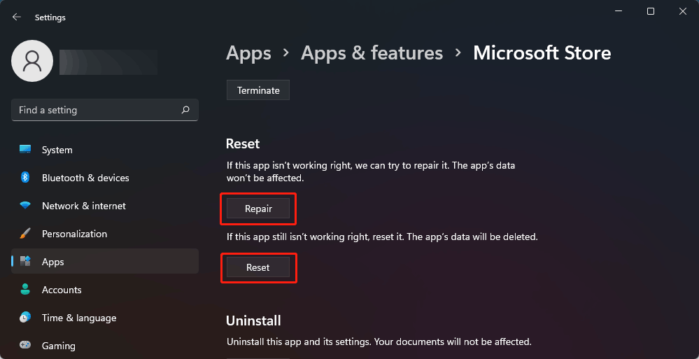 click Repair or Reset