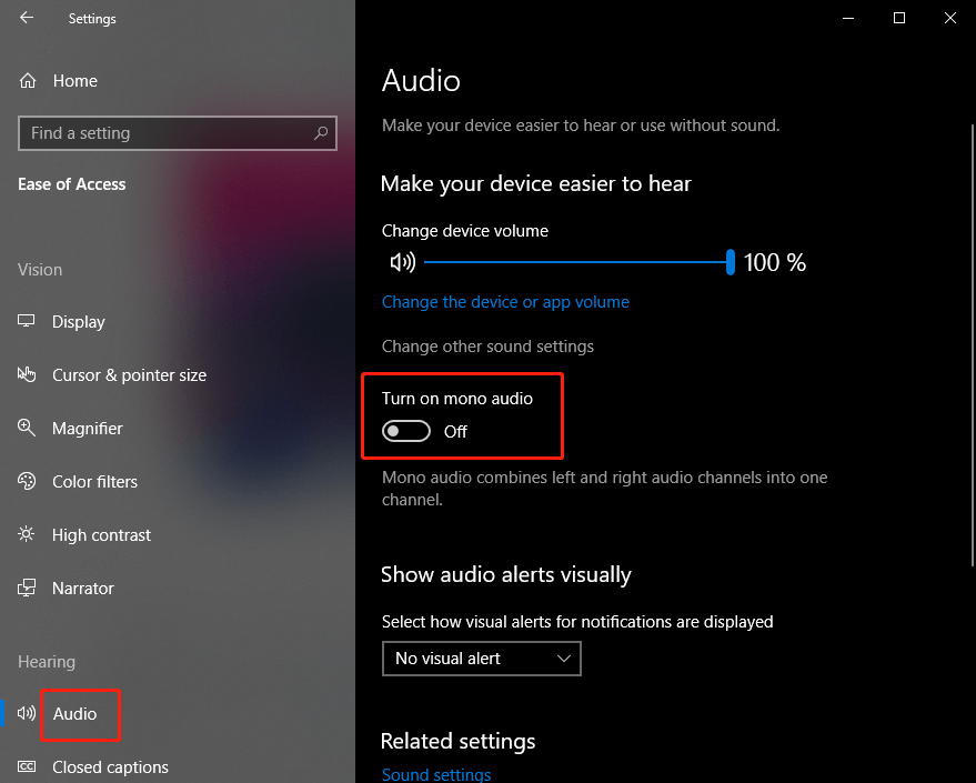 turn on or off mono audio on Windows 10