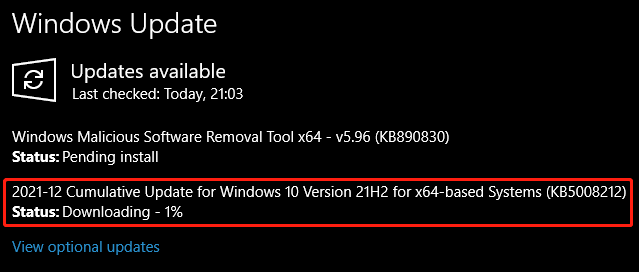 Windows 10 KB5008212 for Windows 10 21H2