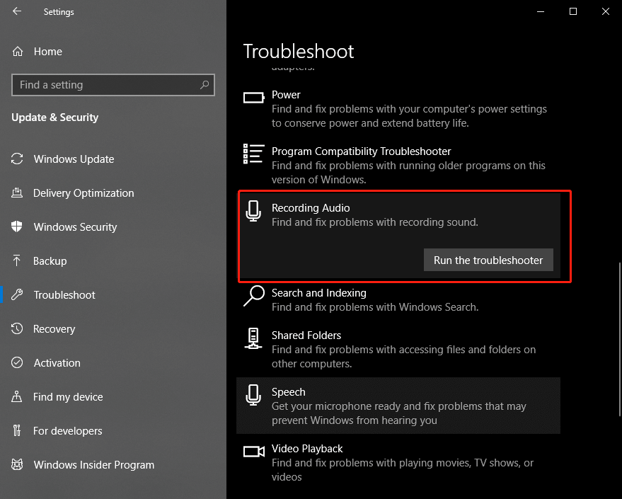 Windows 10 recording audio troubleshooter