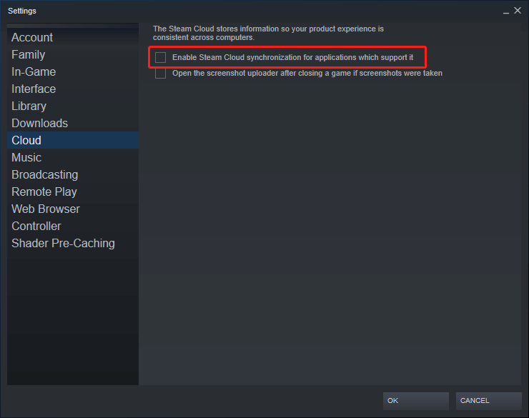 uncheck enable Steam cloud sync