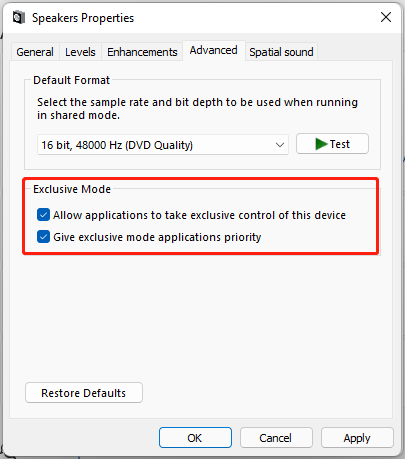 enable exclusive mode options