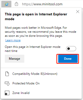 this page is open in Internet Explorer mode